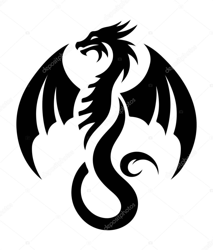 Dragon Logo Silhouette Vector on White Background, Dragon Silhouette Icon for Branding and Logos, Minimalist Dragon Logo in Black Silhouette