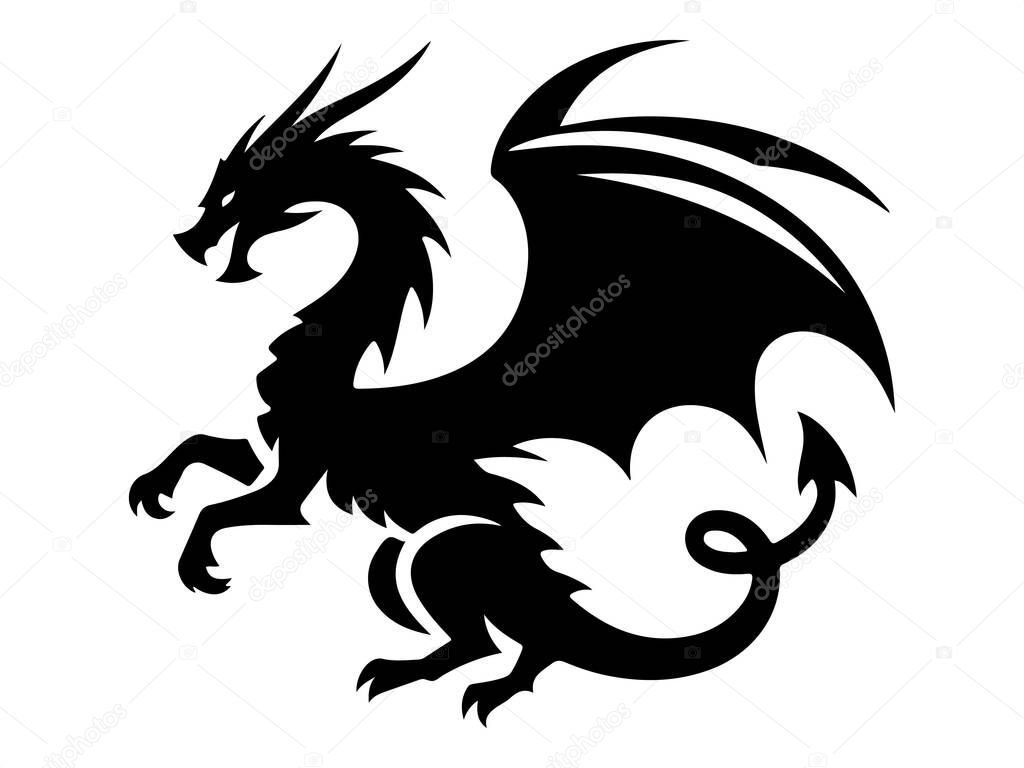 Dragon Logo Silhouette Vector on White Background, Dragon Silhouette Icon for Branding and Logos, Minimalist Dragon Logo in Black Silhouette