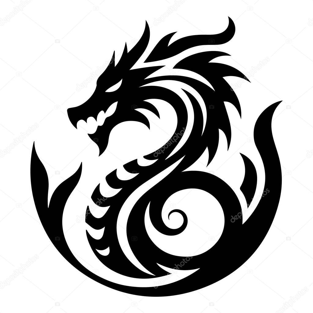 Dragon Logo Silhouette Vector on White Background, Dragon Silhouette Icon for Branding and Logos, Minimalist Dragon Logo in Black Silhouette