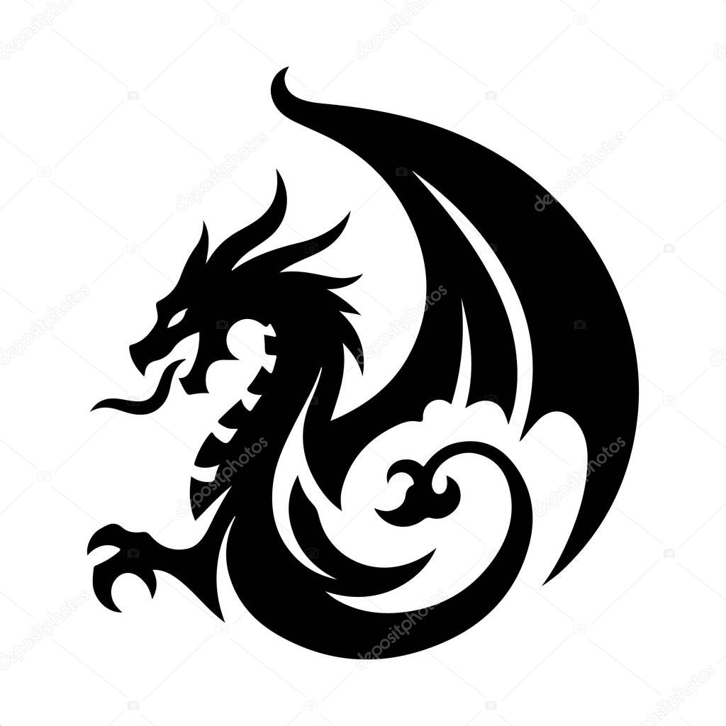 Dragon Logo Silhouette Vector on White Background, Dragon Silhouette Icon for Branding and Logos, Minimalist Dragon Logo in Black Silhouette