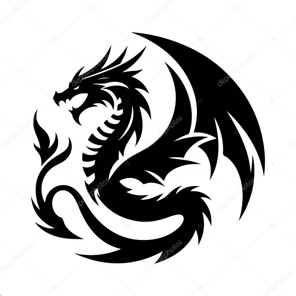 Dragon Logo Silhouette Vector on White Background, Dragon Silhouette Icon for Branding and Logos, Minimalist Dragon Logo in Black Silhouette