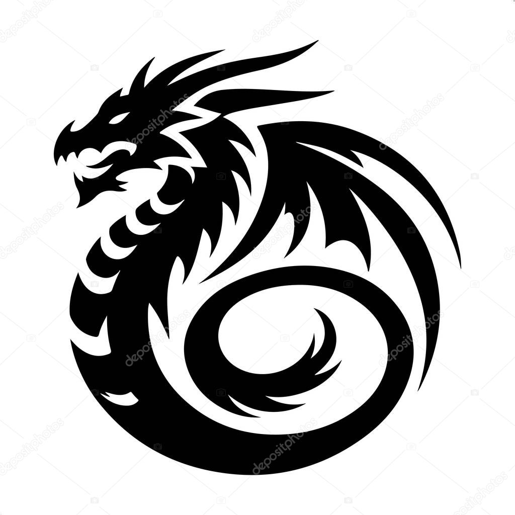Dragon Logo Silhouette Vector on White Background, Dragon Silhouette Icon for Branding and Logos, Minimalist Dragon Logo in Black Silhouette