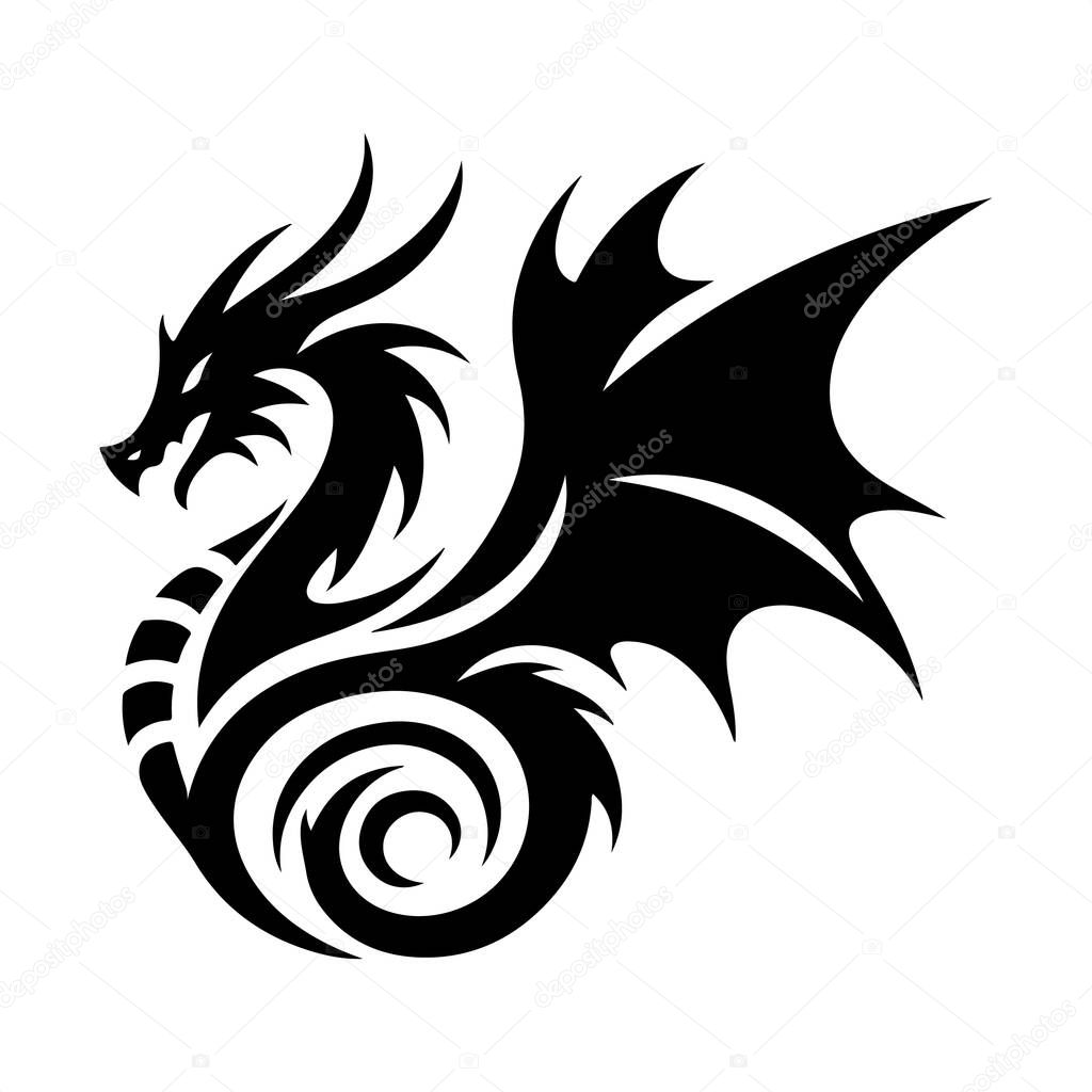 Dragon Logo Silhouette Vector on White Background, Dragon Silhouette Icon for Branding and Logos, Minimalist Dragon Logo in Black Silhouette