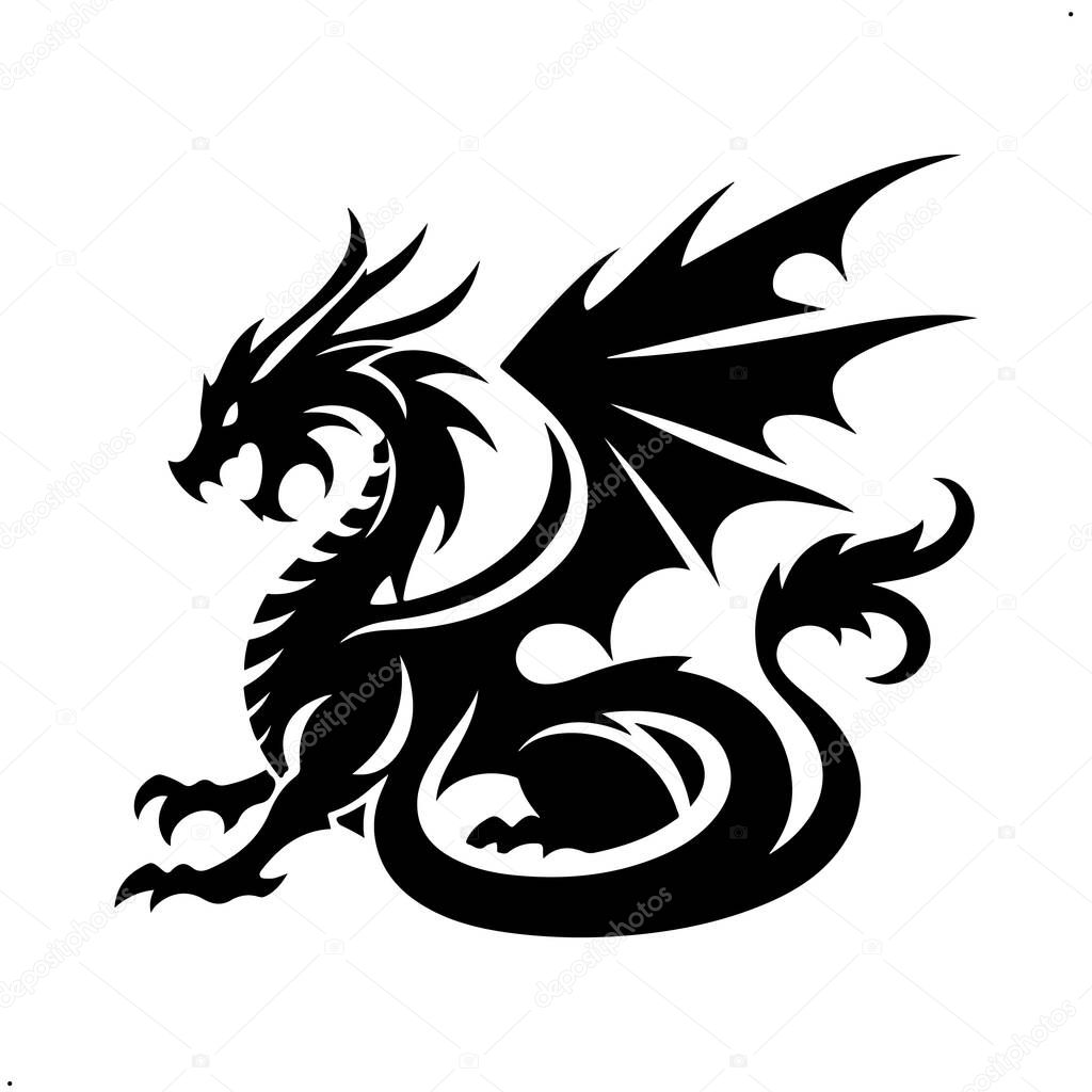 Dragon Logo Silhouette Vector on White Background, Dragon Silhouette Icon for Branding and Logos, Minimalist Dragon Logo in Black Silhouette