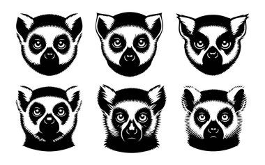 Beyaz Arkaplanda Lemur Baş Vektör Silueti, İzole edilmiş Lemur Yüzü Siyah Simge Vektörü, Lemur Hayvan Başı Görünümü