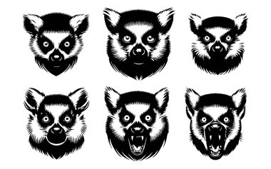 Beyaz Arkaplanda Lemur Baş Vektör Silueti, İzole edilmiş Lemur Yüzü Siyah Simge Vektörü, Lemur Hayvan Başı Görünümü