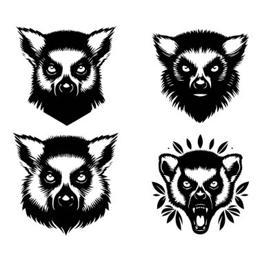 Beyaz Arkaplanda Lemur Baş Vektör Silueti, İzole edilmiş Lemur Yüzü Siyah Simge Vektörü, Lemur Hayvan Başı Görünümü
