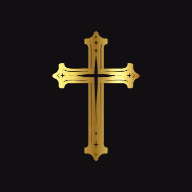 Siyah arka planda altın yıldızlı bir Hıristiyan haçı