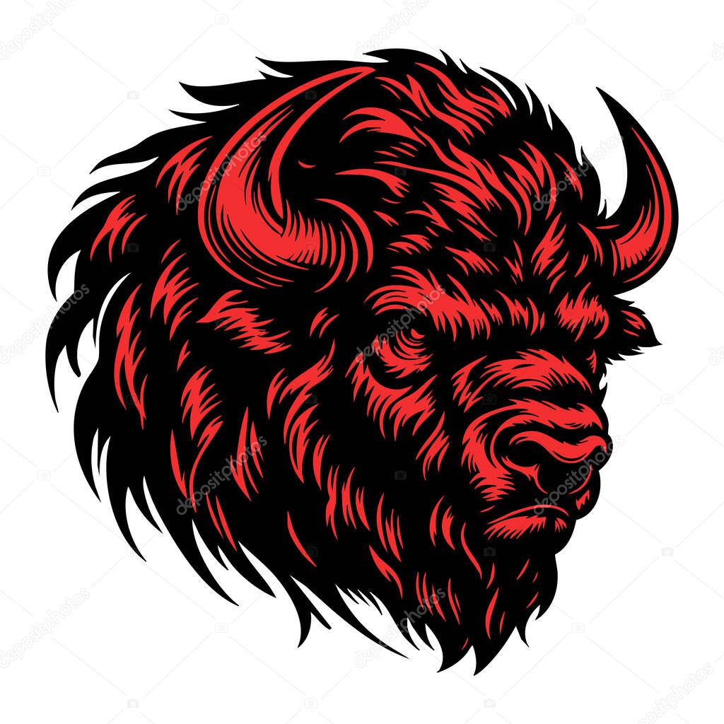 Aggressive Bison Head Drawing with Sharp Horns