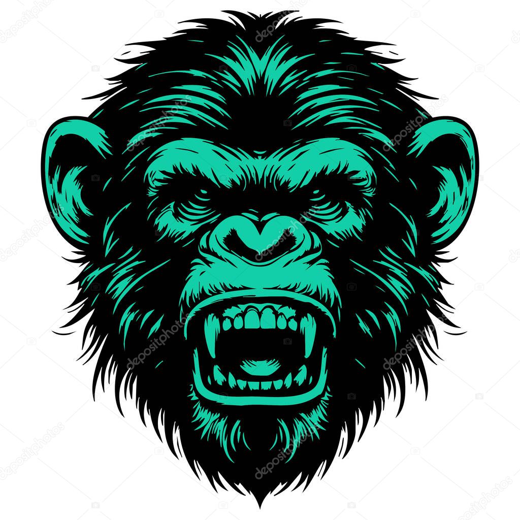 Ferocious Chimpanzee Head Illustration on White Background