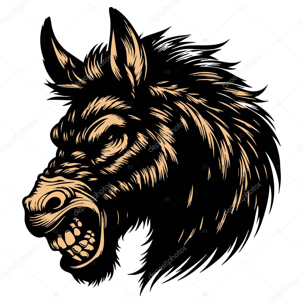 Ferocious Donkey Head Illustration on White Background