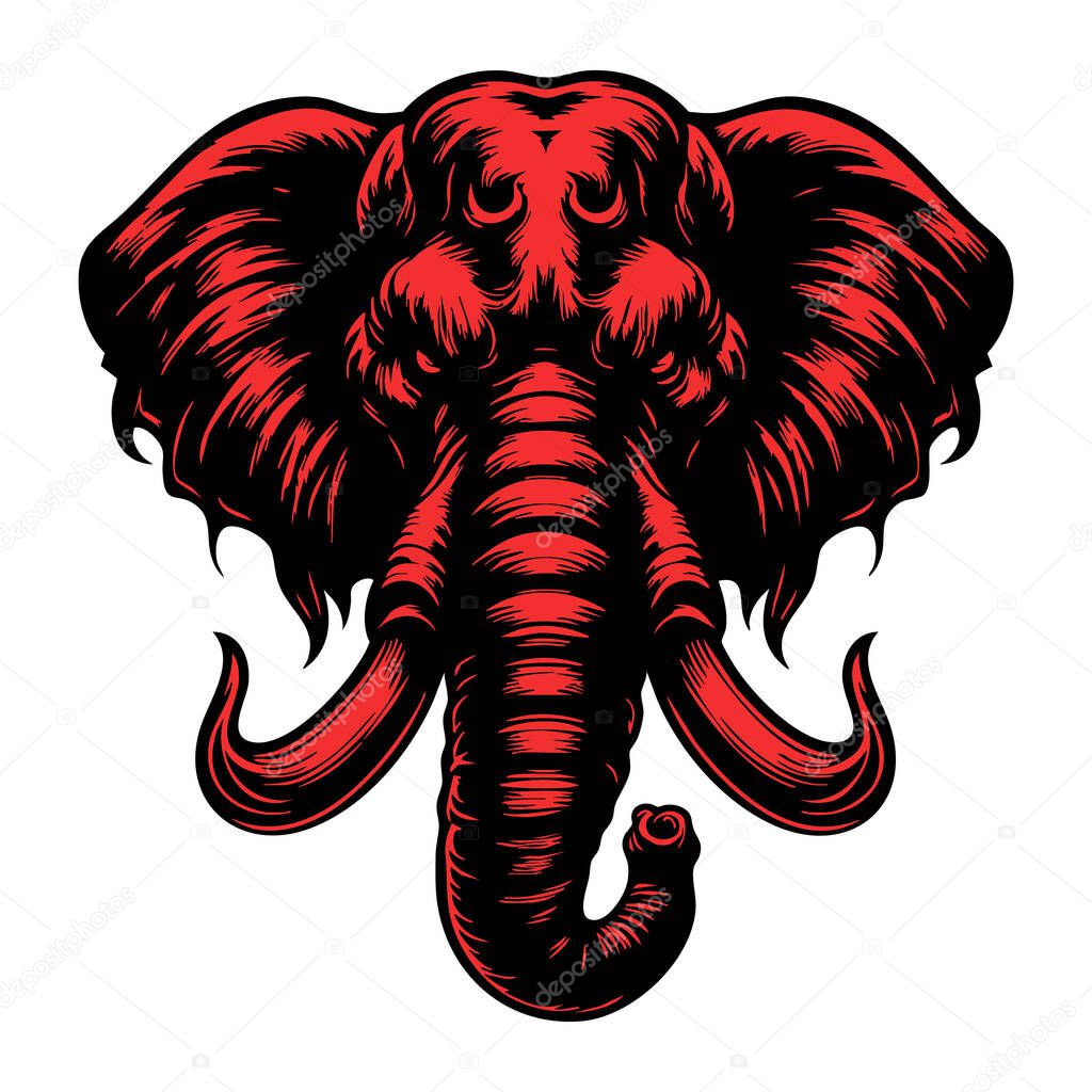 Ferocious Elephant Head Illustration on White Background