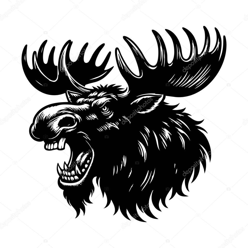 Aggressive Moose Head Drawing in Black and White