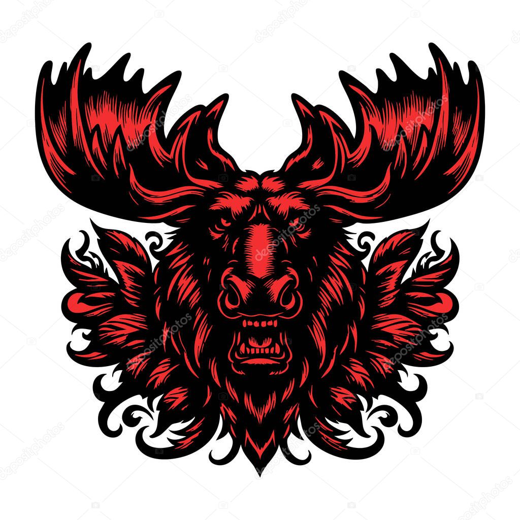 Ferocious Moose Head Illustration on White Background
