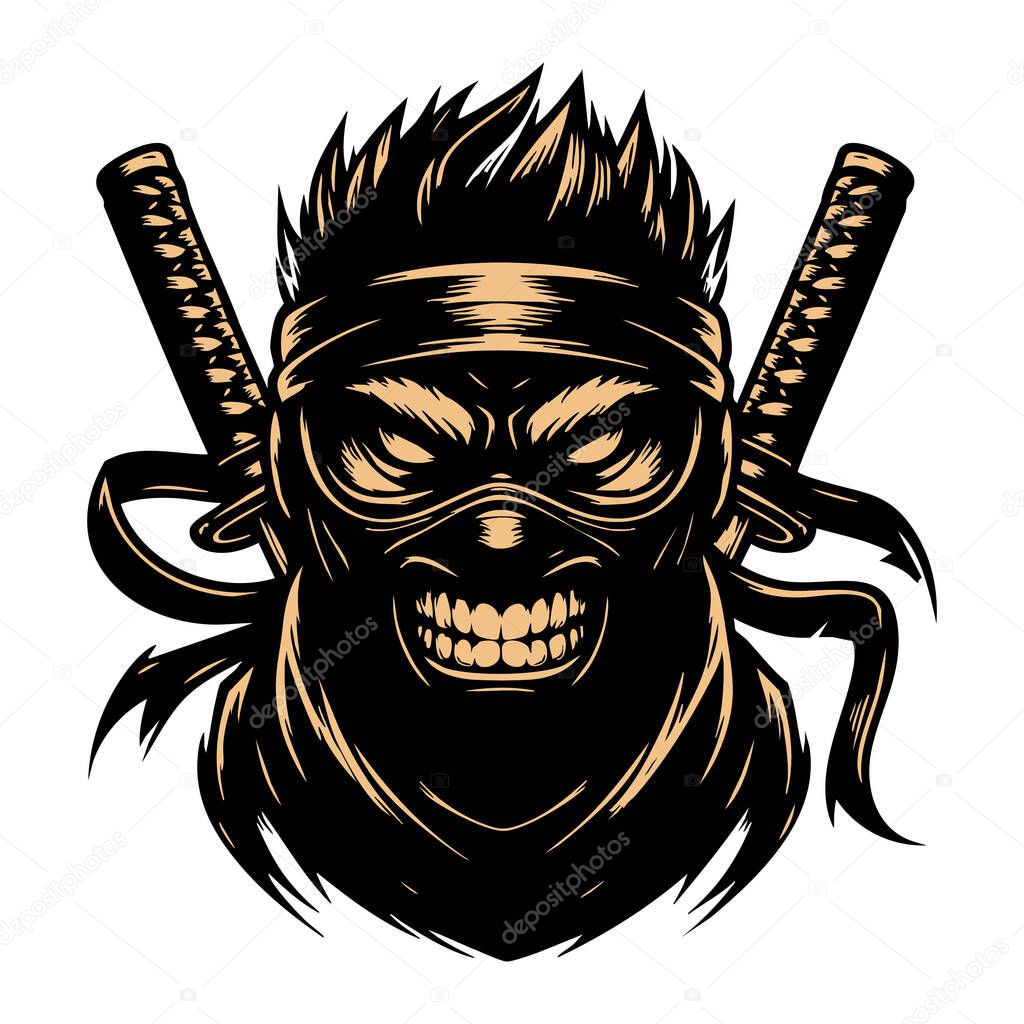 Angry Ninja Head Illustration on White Background