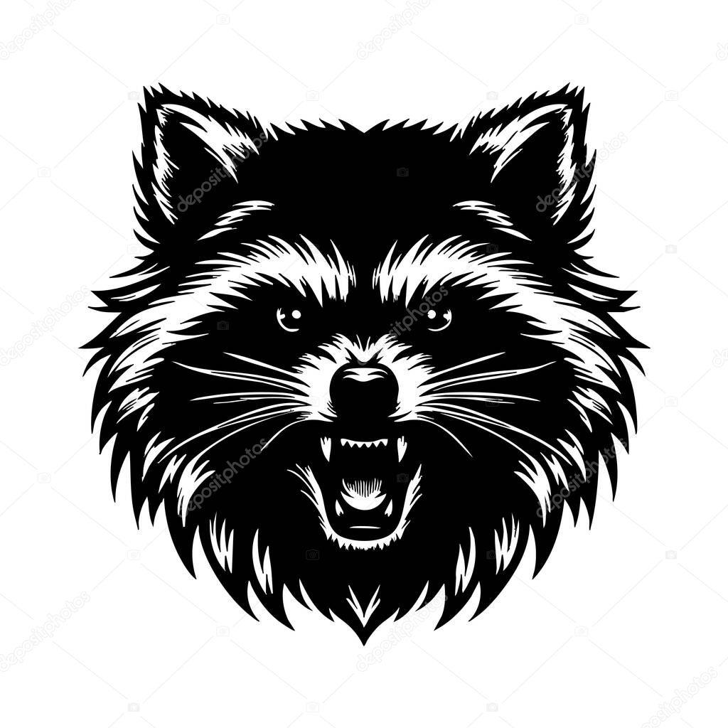 Fierce Raccoon Head in Black and White