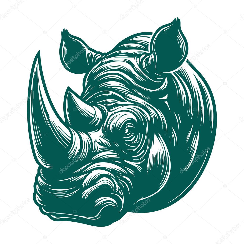 Fierce Rhino Head Black and White Illustration