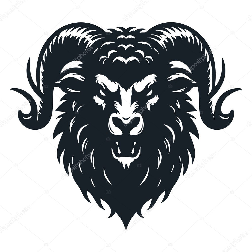 Fierce Sheep Head Black and White Illustration