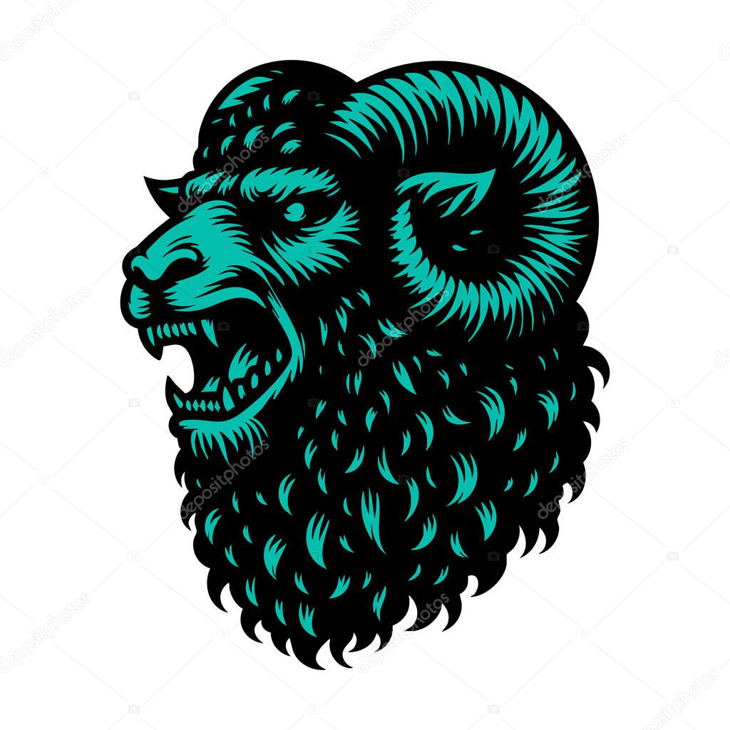 Angry Sheep Head Illustration on White Background