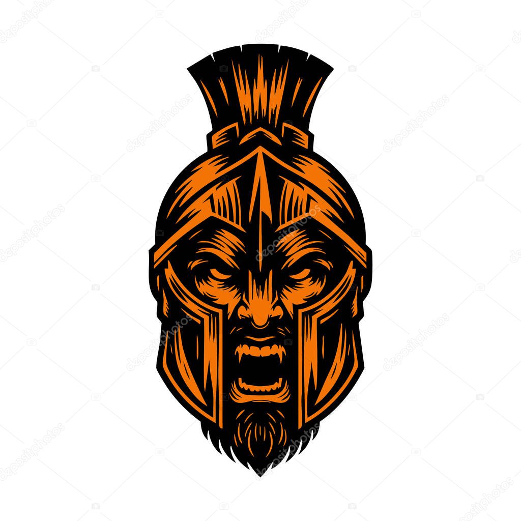 Fierce Spartan Helmet Head Black and White Illustration