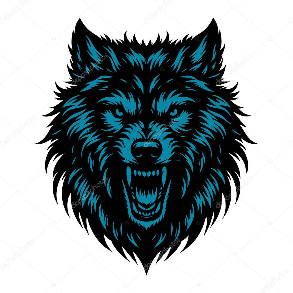 Fierce Wolf Head Black and White Illustration
