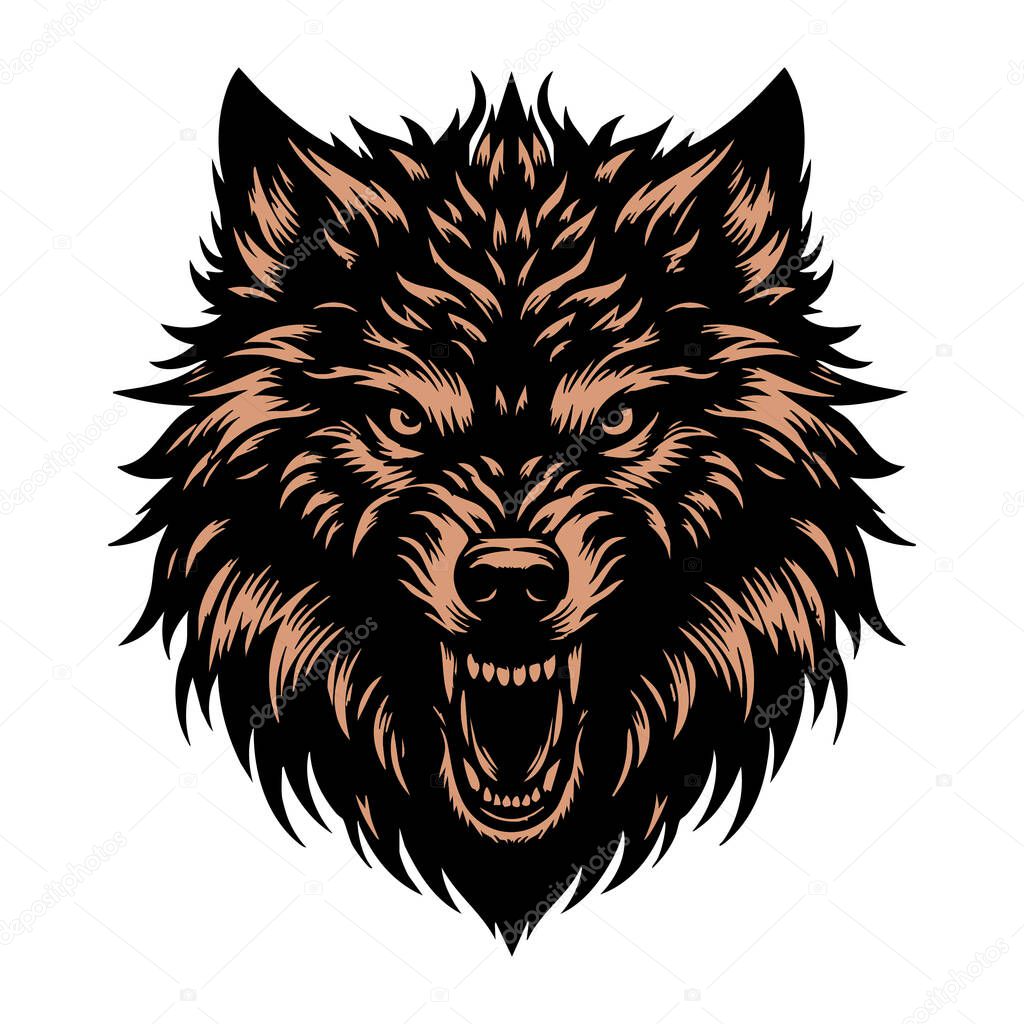 Angry Wolf Head Illustration on White Background