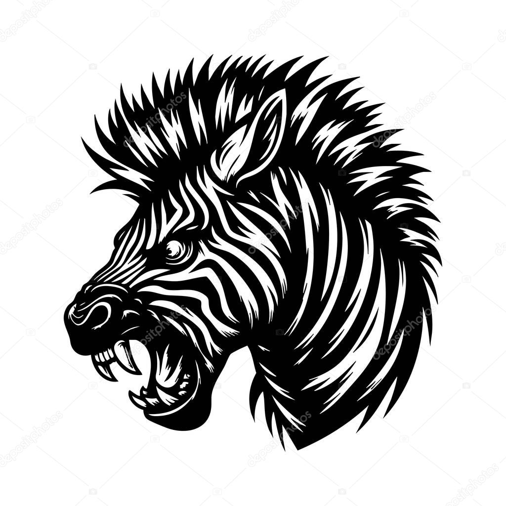 Fierce Zebra Head Black and White Illustration