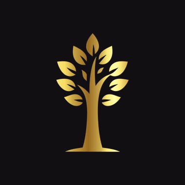 Altın yapraklı logo olan ağaç. Doğa, ekoloji, biyoloji, çevre kavramı. vektör illüstrasyonu