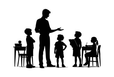 Beyaz Arkaplanda Çocukların Silueti Olan Öğretmen, Öğrencilerin Siluet Vektörü İllüstrasyonu Öğretmeni