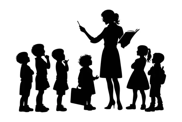 Beyaz Arkaplanda Çocukların Silueti Olan Öğretmen, Öğrencilerin Siluet Vektörü İllüstrasyonu Öğretmeni