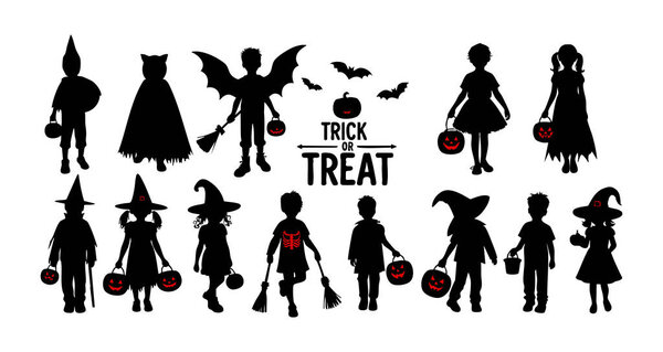 Trick or Treat Kids Silhouette on White Background, Halloween Trick or Treat Silhouette Vector