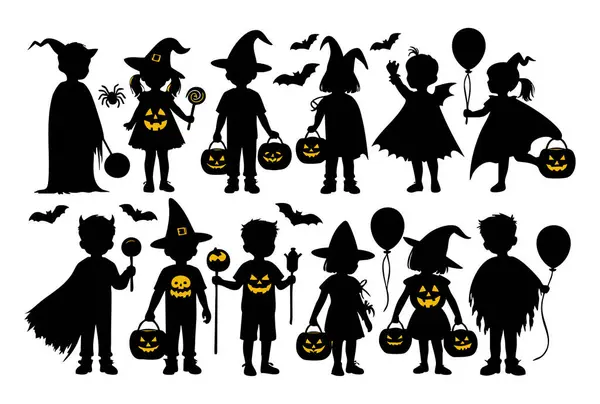Beyaz Arkaplan 'da Şaka mı Şeker mi Çocuklar Silueti, Cadılar Bayramı Hilesi veya Şeker Vektörü