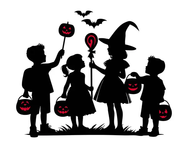 Beyaz Arkaplan 'da Şaka mı Şeker mi Çocuklar Silueti, Cadılar Bayramı Hilesi veya Şeker Vektörü