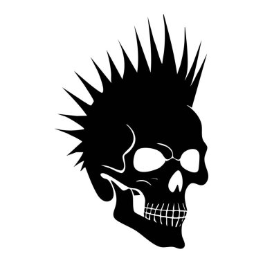 Keskin bir kafatası. Dövmeli siyah beyaz dövme. Keskin ve keskin dişleri olan kafatası. Siyah arkaplanda vektör illüstrasyonu