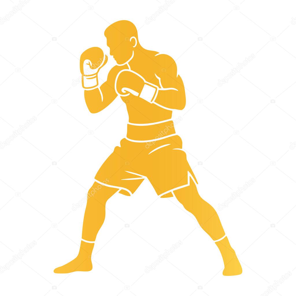 Golden Boxer Silhouette in Fighting Stance on White Background