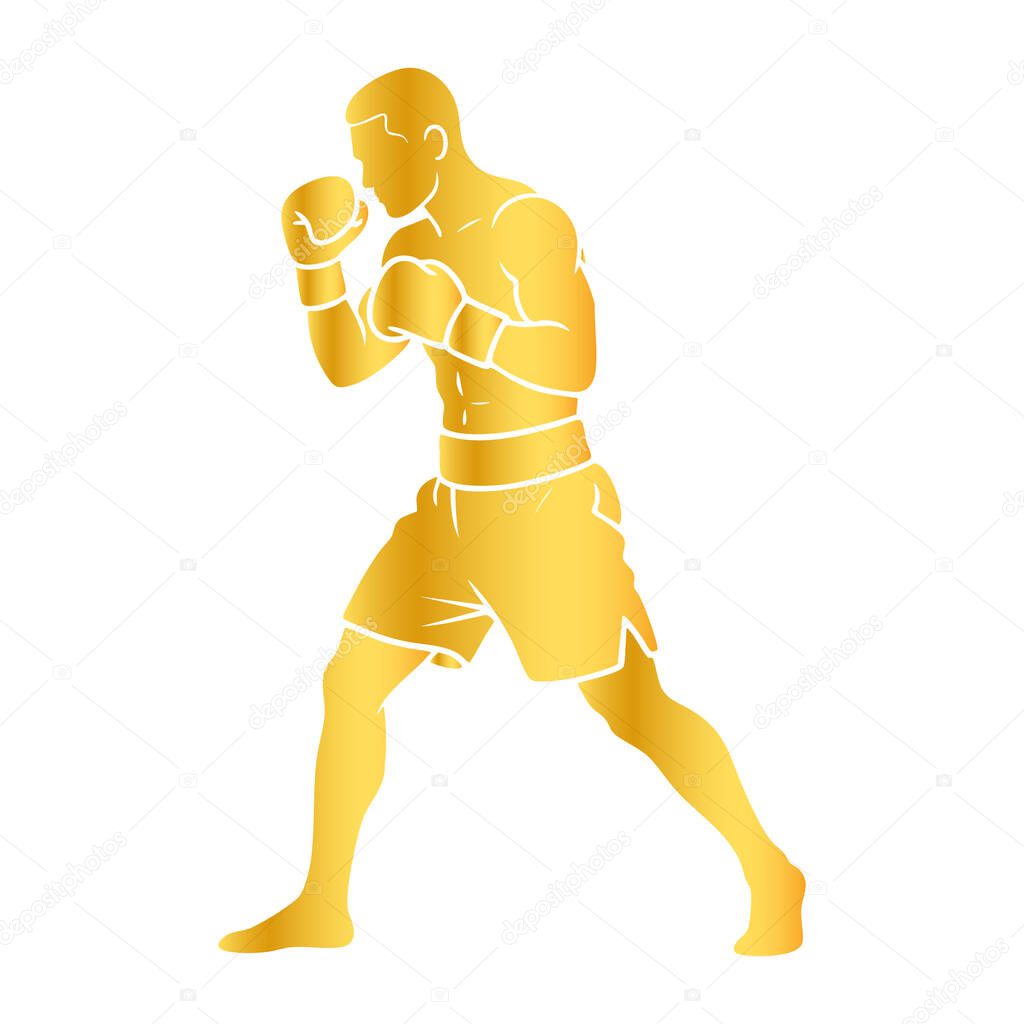 Golden Boxer Silhouette in Fighting Stance on White Background