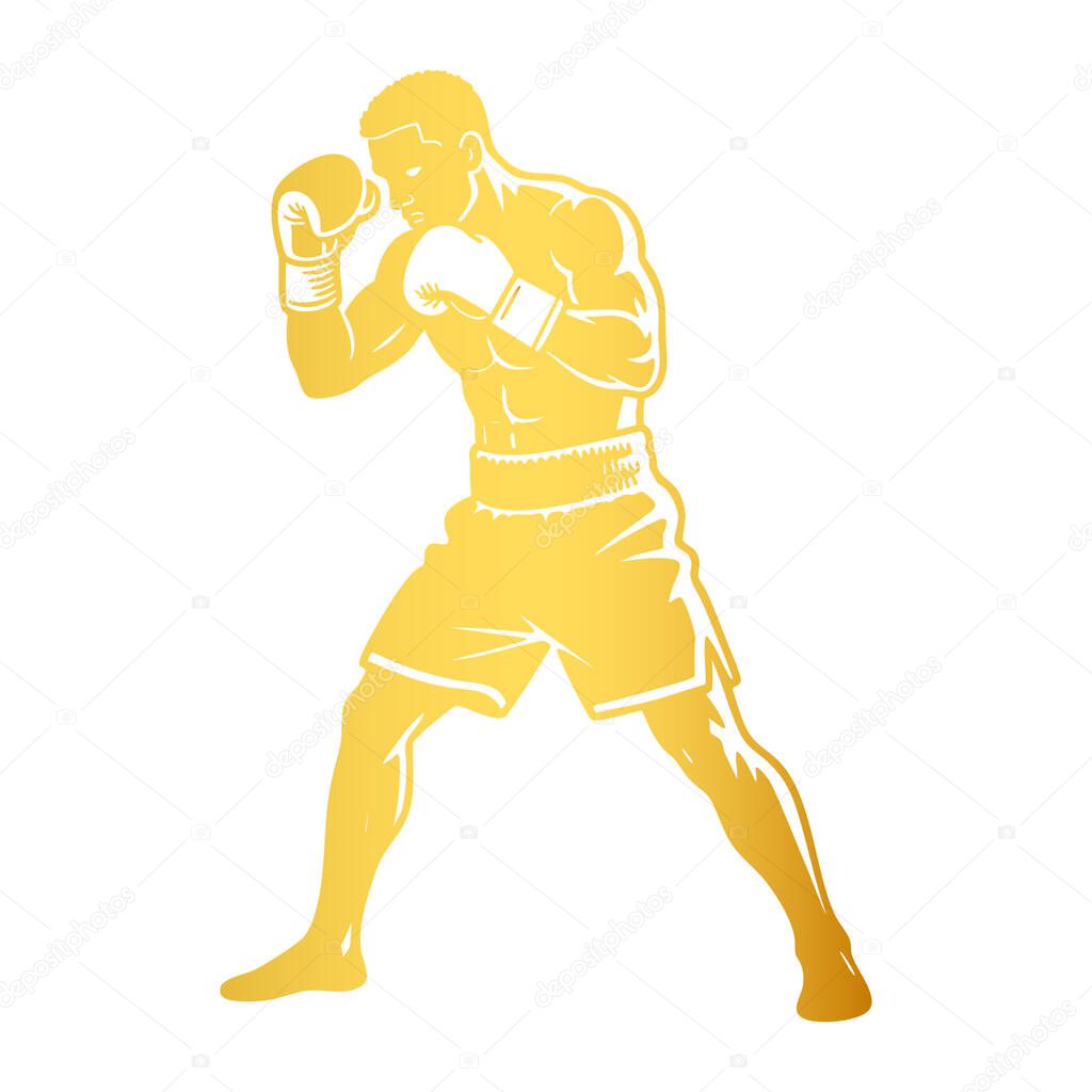Golden Boxer Silhouette in Fighting Stance on White Background