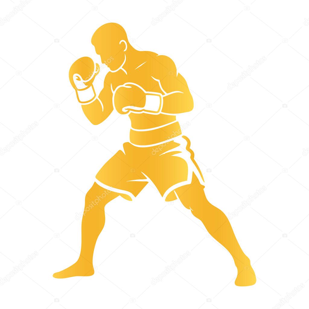 Golden Boxer Silhouette in Fighting Stance on White Background
