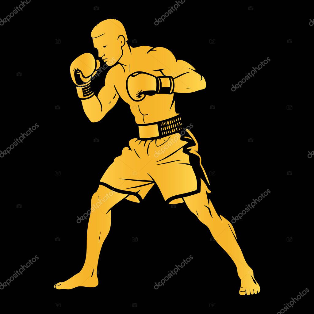 Golden Boxer Silhouette in Fighting Stance on White Background