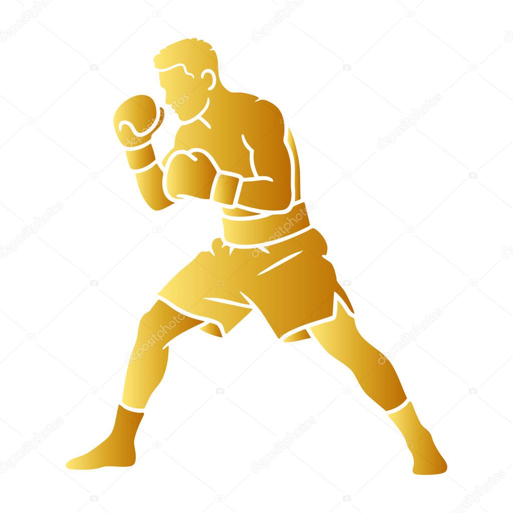 Golden Boxer Silhouette in Fighting Stance on White Background