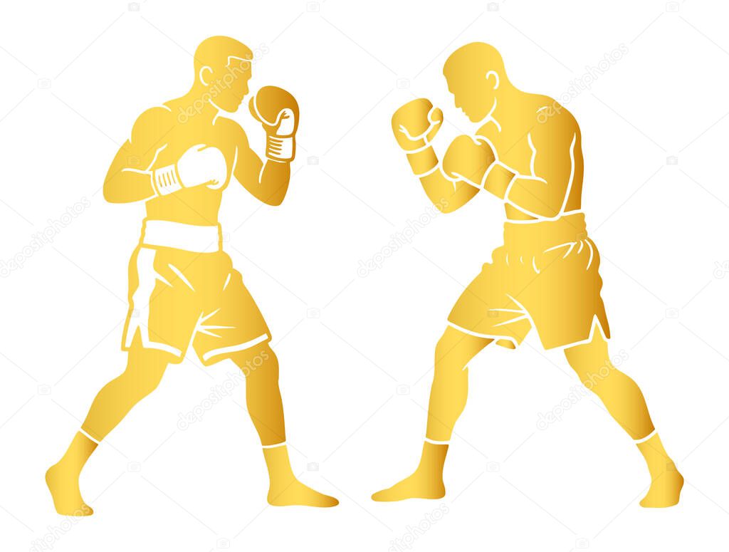 Golden Boxer Silhouette in Fighting Stance on White Background