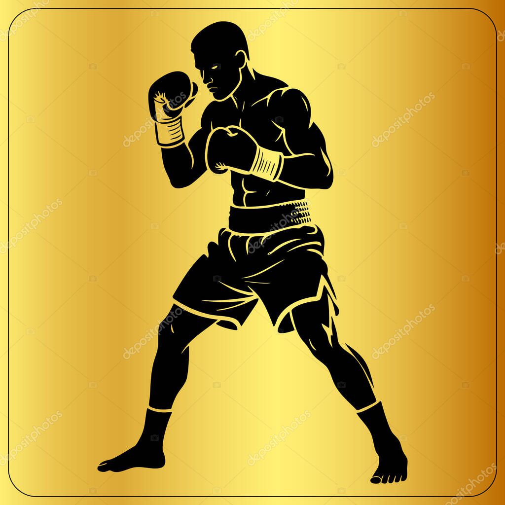 Golden Boxer Silhouette in Fighting Stance on White Background