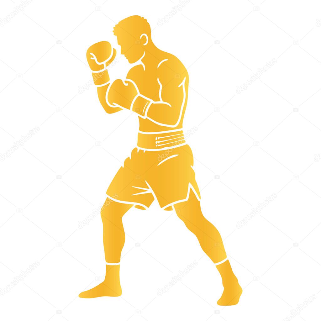 Golden Boxer Silhouette in Fighting Stance on White Background