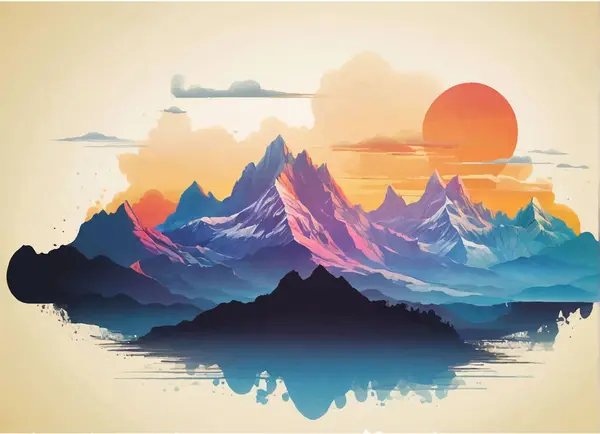 Dağlarla sabah manzarası, vektör illüstrasyonu