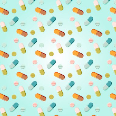 Tıbbi hapların kusursuz deseni, mavi arka planda kapsüller. Düz yat. İlaç. eczane kavramı