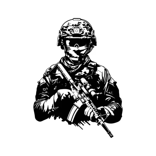 Askeri miğferli silahlı asker. Ordu askeri. Tüfekli asker. vektör illüstrasyonu.
