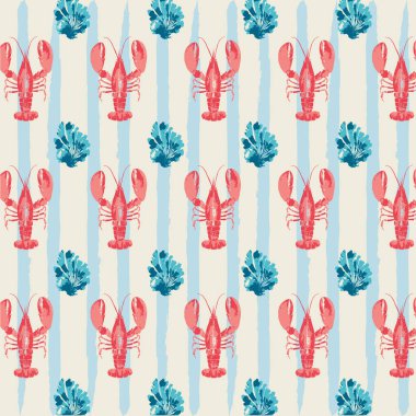 Kusursuz desen, suluboya çizim. Beyaz üzerine el boyası yengeç ve ıstakoz.