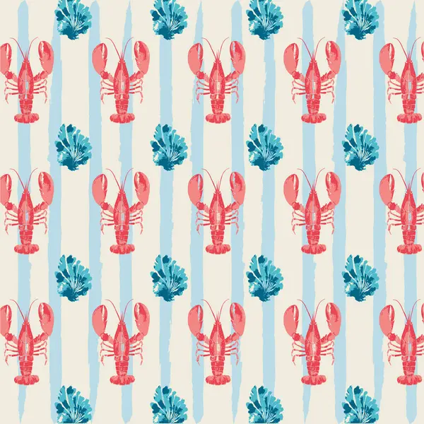 Kusursuz desen, suluboya çizim. Beyaz üzerine el boyası yengeç ve ıstakoz.