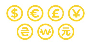 Para değişimi doları, avro, kazanılmış, Hryvnia, pound ve yen para birimi sembolleri beyaz arka planda izole edilmiş. Para birimi değişimi