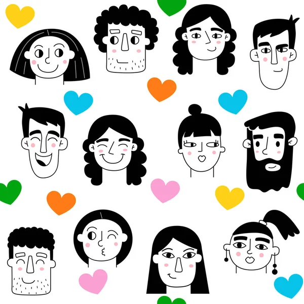 Couple Love Seamless Pattern Background Guy Girl Face Different Facial Royaltyfria Stockvektorer